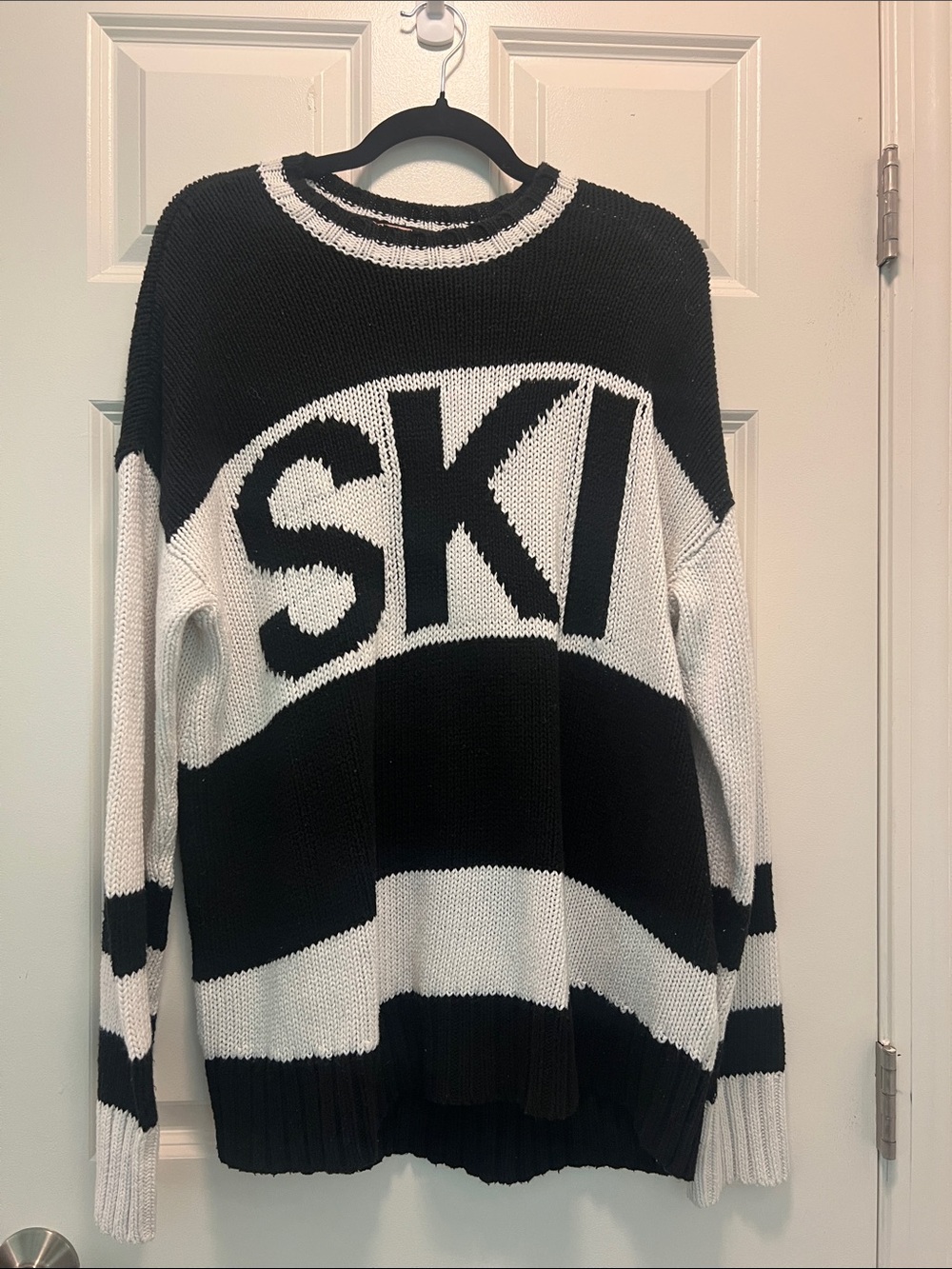 Show Me Your Mumu Black & White Oversized Knit Sweater with 'SKI' Graphic